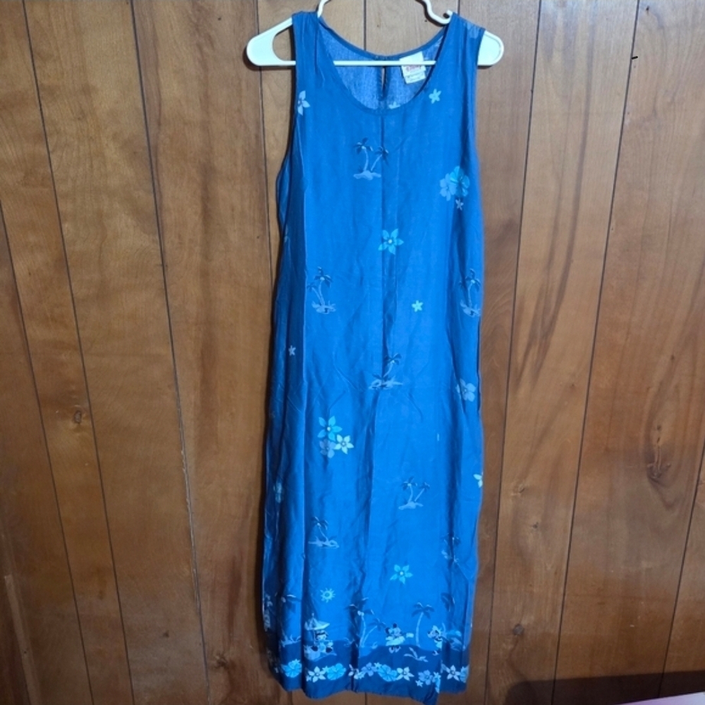 Vintage 90s Disney Store Sleeveless Maxi Dress M Hawaiian Blue Mickey Minnie